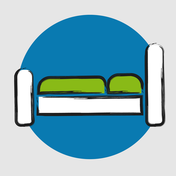 Icon mit einem Bett vor einem blauen Kreis in den Farben grün und weiß