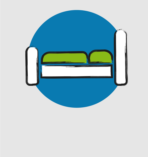 Icon mit einem Bett vor einem blauen Kreis in den Farben grün und weiß