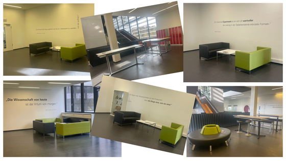 Verschiedene Sitzgelegenheiten und Tische auf den verchiedenen Ebene in Gebäude VW