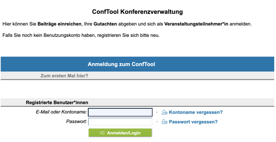 Das Bild zeigt die Startseite von Conftool.