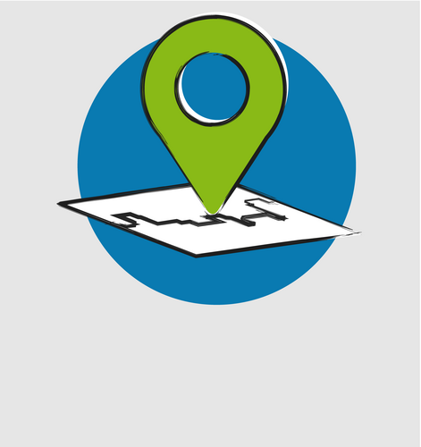 Icon mit einer Karte und einer Ortmarkierung vor einem blauen Kreis in den Farben grün und weiß
