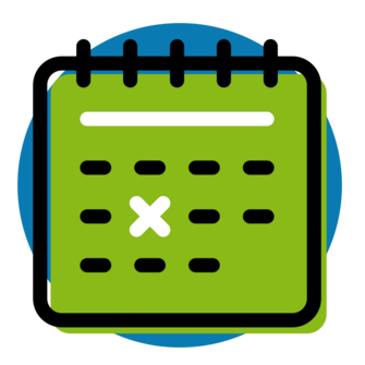 Icon mit einem Kalender vor einem blauen Kreis in den Farben grün und weiß