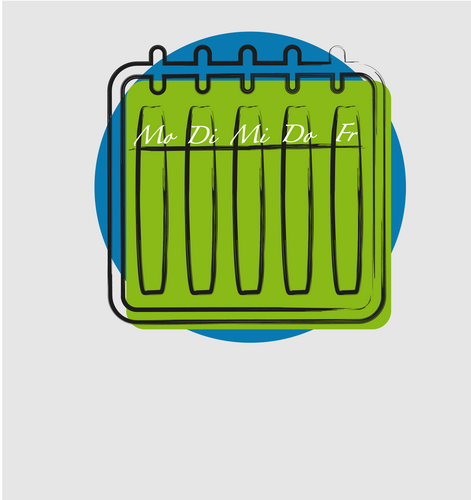 Icon mit einem Wochenplan vor einem blauen Kreis in den Farben grün und weiß