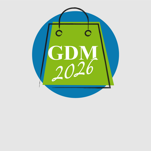 Icon mit einer Tasche und der Aufschrift GDM 2026 vor einem blauen Kreis in den Farben grün und weiß