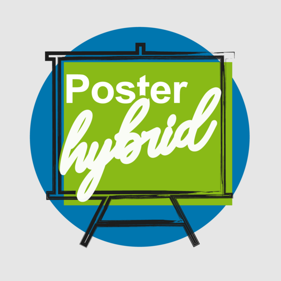 Icon mit einem Leinwand und der Aufschrift "Poster hybrid" vor einem blauen Kreis in den Farben grün und weiß