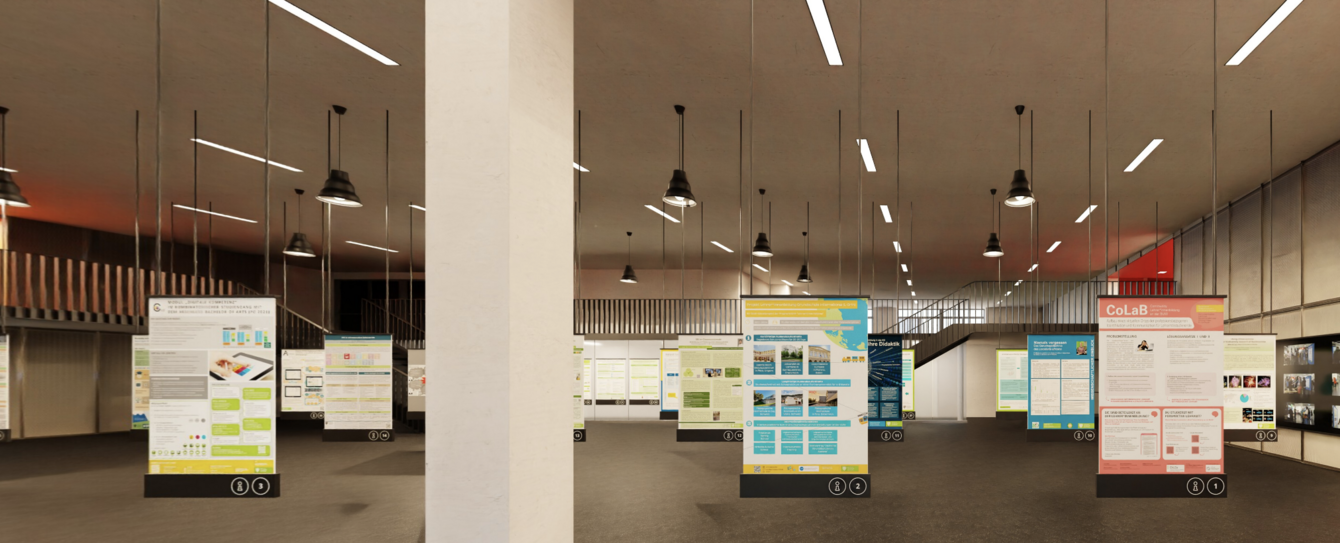 Einblick in den 360°-Rundgang beim GSA Konvent mit exemplarischen Postern in einem 3D-Raum
