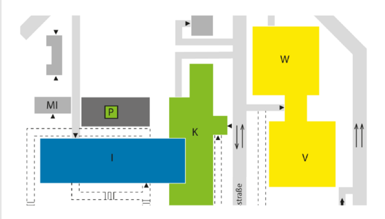 Das Bild zeigt den Lageplan mit dem Gebäude I, K, V und W. Das Tagungsbüro und der Hörsaal 33 befinden sich in Gebäude K.