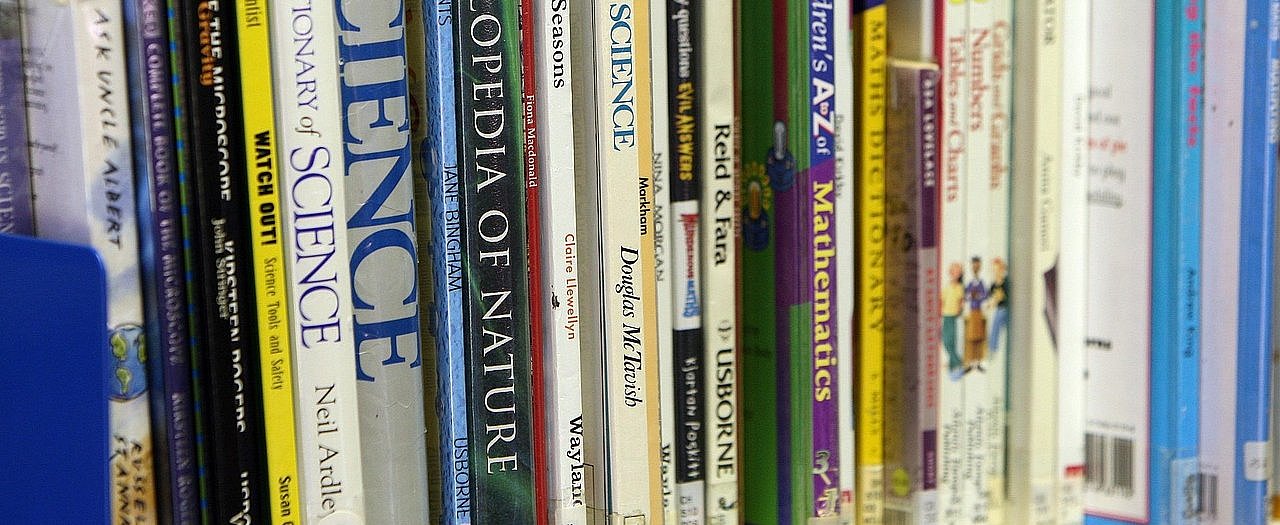 Bücherstapel wissenschaftlicher Literatur in einem Regal